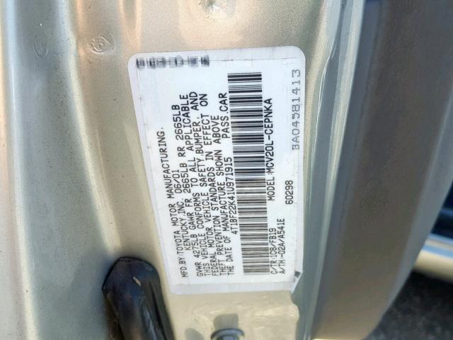 4T1BF22K41U971915 - 2001 TOYOTA CAMRY LE SILVER photo 10