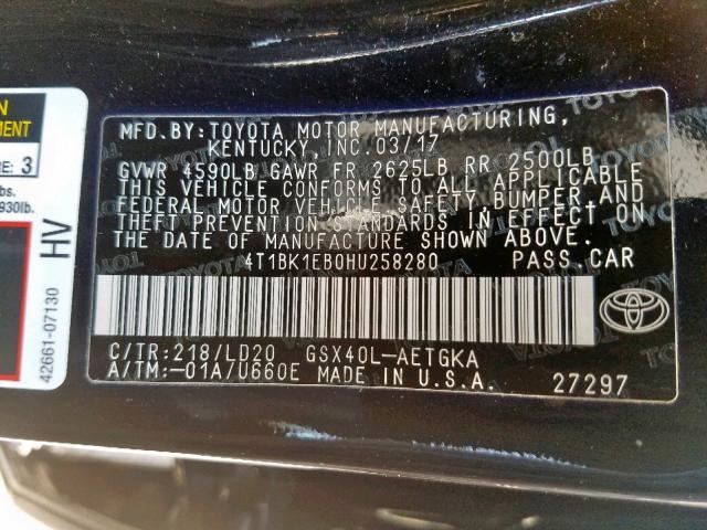 4T1BK1EB0HU258280 - 2017 TOYOTA AVALON XLE  photo 10