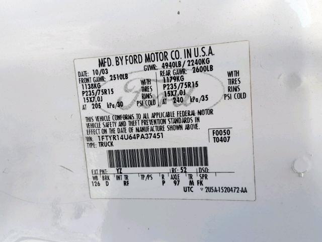 1FTYR14U64PA37451 - 2004 FORD RANGER SUP SILVER photo 10