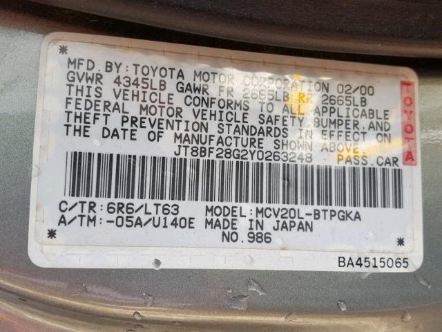 JT8BF28G2Y0263248 - 2000 LEXUS ES 300 SILVER photo 10