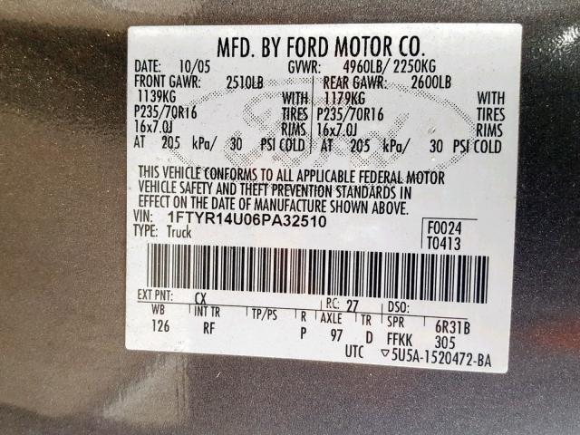 1FTYR14U06PA32510 - 2006 FORD RANGER SUP GRAY photo 10