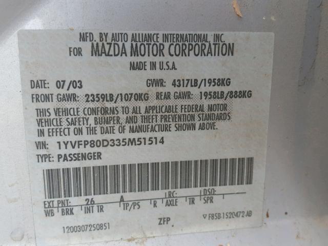 1YVFP80D335M51514 - 2003 MAZDA 6 S SILVER photo 10