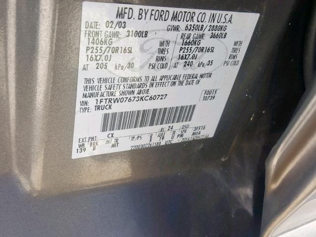 1FTRW07673KC60727 - 2003 FORD F150 SUPER GRAY photo 10