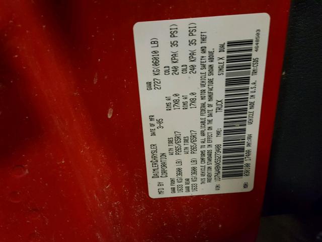 1D7HW48NX5S273408 - 2005 DODGE DAKOTA QUA RED photo 10