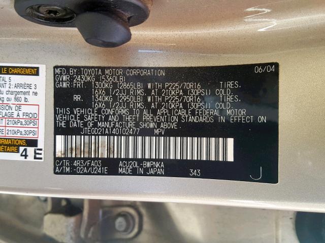 JTEGD21A140102477 - 2004 TOYOTA HIGHLANDER TAN photo 10