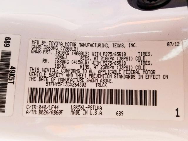 5TFHY5F13CX264303 - 2012 TOYOTA TUNDRA CRE WHITE photo 10