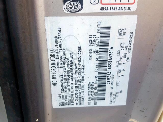 2FMZA51685BA42616 - 2005 FORD FREESTAR S SILVER photo 10