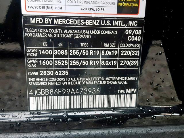 4JGBB86E99A473936 - 2009 MERCEDES-BENZ ML 350 BLACK photo 10