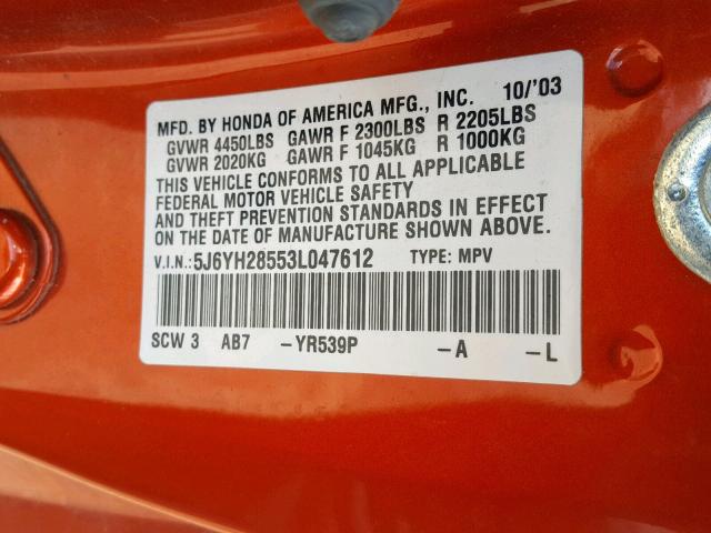 5J6YH28553L047612 - 2003 HONDA ELEMENT EX ORANGE photo 10