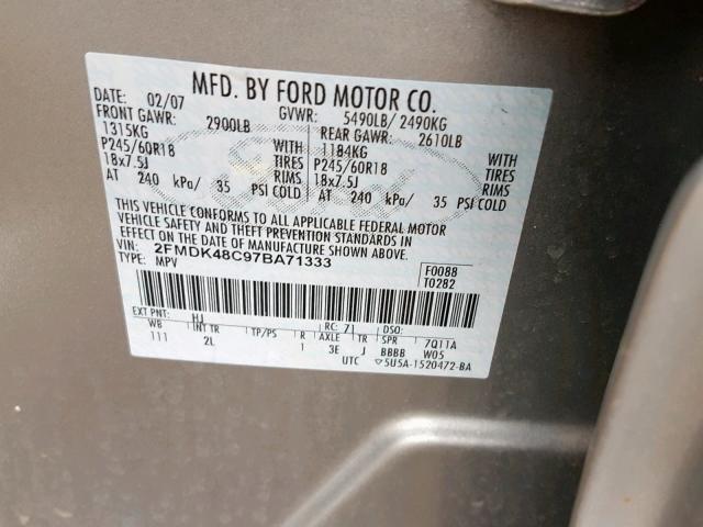 2FMDK48C97BA71333 - 2007 FORD EDGE SEL SILVER photo 10