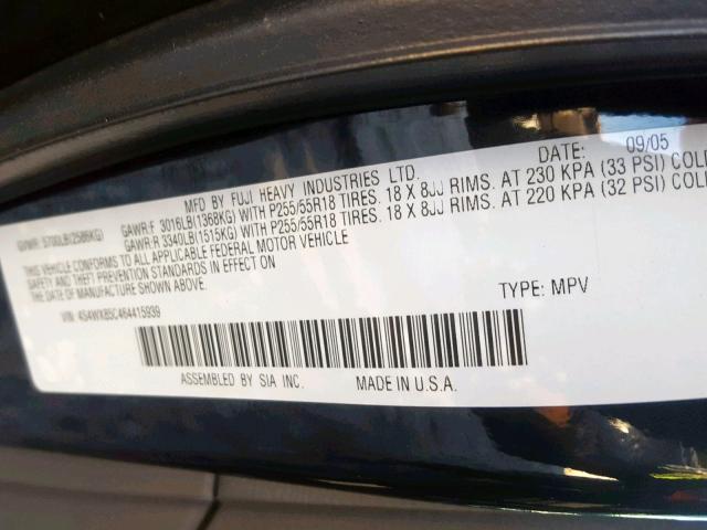 4S4WX85C464415939 - 2006 SUBARU B9 TRIBECA BLACK photo 10