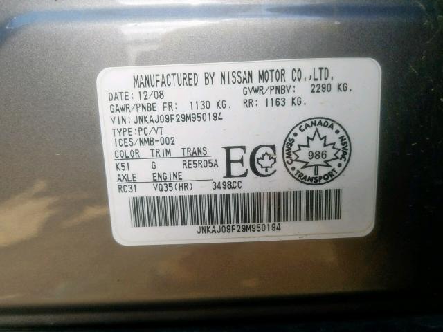 JNKAJ09F29M950194 - 2009 INFINITI EX35 BASE GRAY photo 10