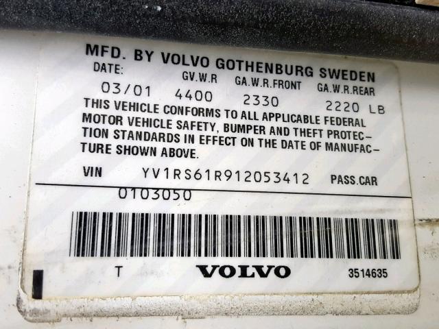 YV1RS61R912053412 - 2001 VOLVO S60 WHITE photo 10