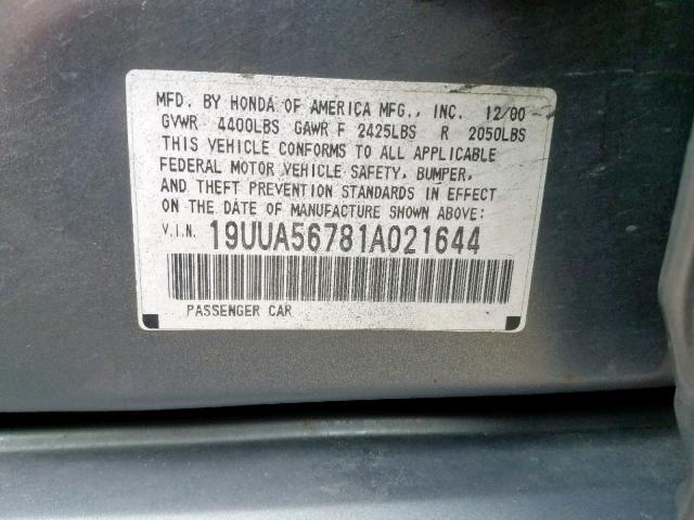 19UUA56781A021644 - 2001 ACURA 3.2TL SILVER photo 10