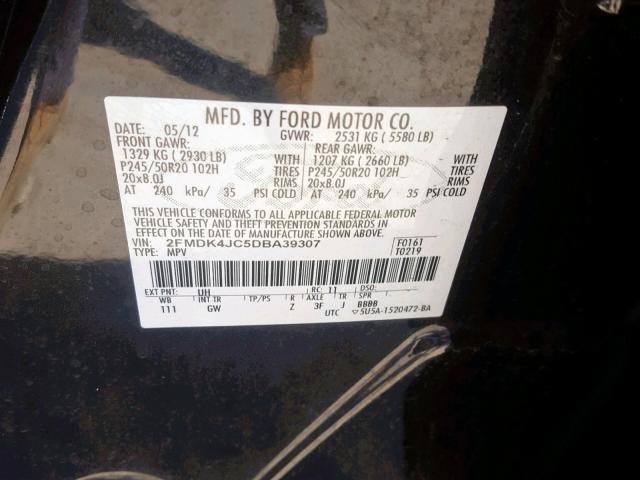 2FMDK4JC5DBA39307 - 2013 FORD EDGE SEL BLACK photo 10