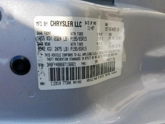 3A8FY48B68T136821 - 2008 CHRYSLER PT CRUISER SILVER photo 10