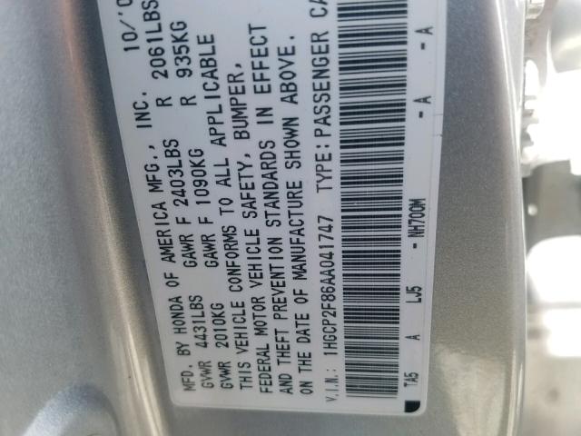 1HGCP2F86AA041747 - 2010 HONDA ACCORD EXL SILVER photo 10