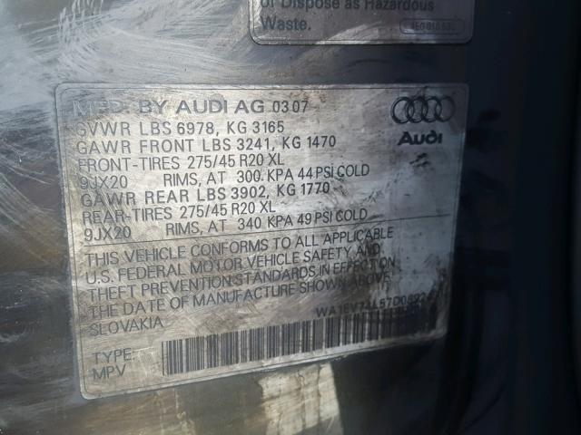 WA1EV74L57D089243 - 2007 AUDI Q7 4.2 QUA GRAY photo 10