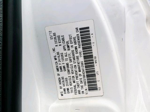 1HGCS1B84CA012880 - 2012 HONDA ACCORD EXL WHITE photo 10