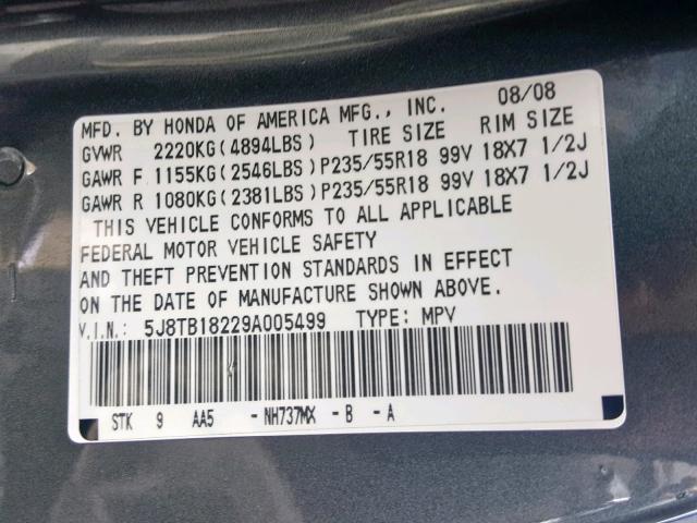 5J8TB18229A005499 - 2009 ACURA RDX GRAY photo 10