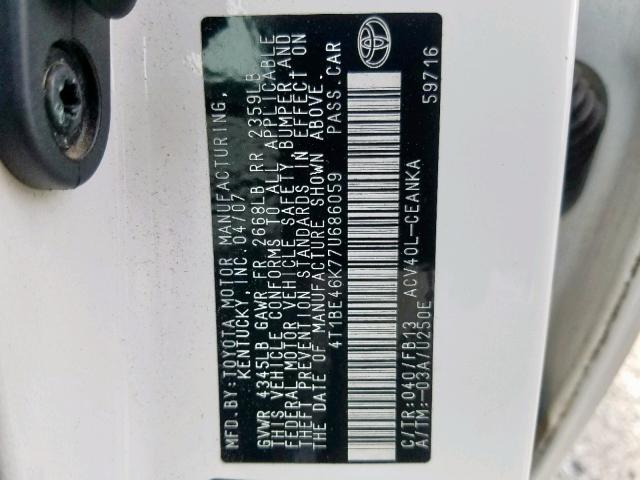 4T1BE46K77U686059 - 2007 TOYOTA CAMRY NEW WHITE photo 10