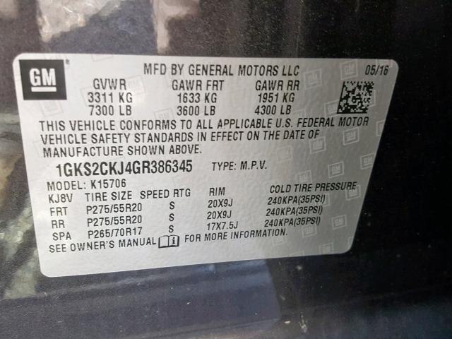 1GKS2CKJ4GR386345 - 2016 GMC YUKON DENA BLACK photo 10