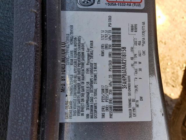 3FAHP0JA9AR218158 - 2010 FORD FUSION SEL GRAY photo 10