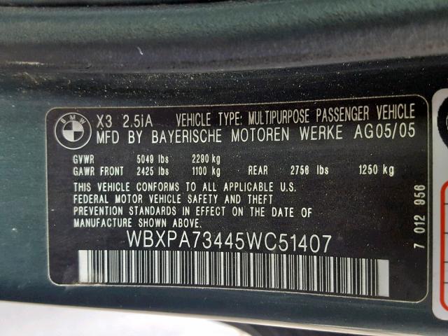 WBXPA73445WC51407 - 2005 BMW X3 2.5I GRAY photo 10