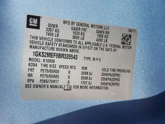 1GKS2MEF8BR326543 - 2011 GMC YUKON XL D BLUE photo 10