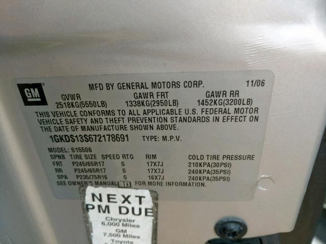 1GKDS13S672178691 - 2007 GMC ENVOY SILVER photo 10