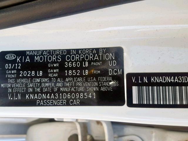 KNADN4A31D6098541 - 2013 KIA RIO EX WHITE photo 10