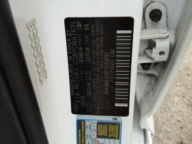 KNAGM4AD8F5089692 - 2015 KIA OPTIMA HYB WHITE photo 10