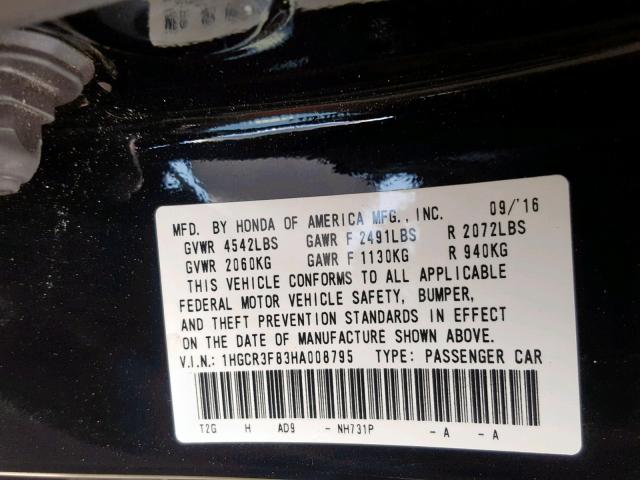 1HGCR3F83HA008795 - 2017 HONDA ACCORD EXL BLACK photo 10