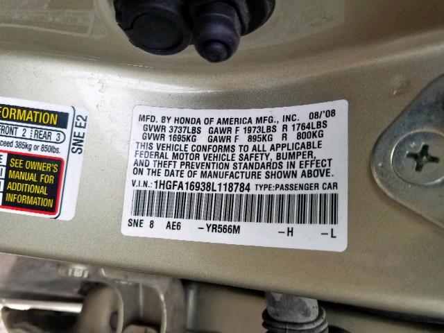 1HGFA16938L118784 - 2008 HONDA CIVIC EXL 金色 照片 10