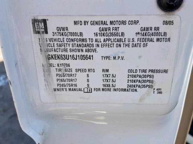 1GKEK63U16J105641 - 2006 GMC YUKON DENA WHITE photo 10