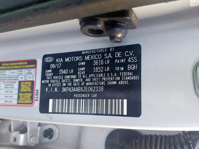 3KPA34ABXJE062338 - 2018 KIA RIO EX SILVER photo 10