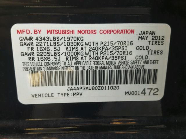 JA4AP3AU8CZ011020 - 2012 MITSUBISHI OUTLANDER BLACK photo 10