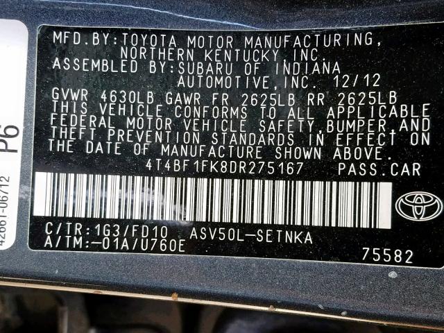 4T4BF1FK8DR275167 - 2013 TOYOTA CAMRY L GRAY photo 10