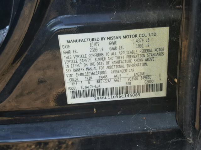 1N4BL11D56C145085 - 2006 NISSAN ALTIMA SE BLACK photo 10