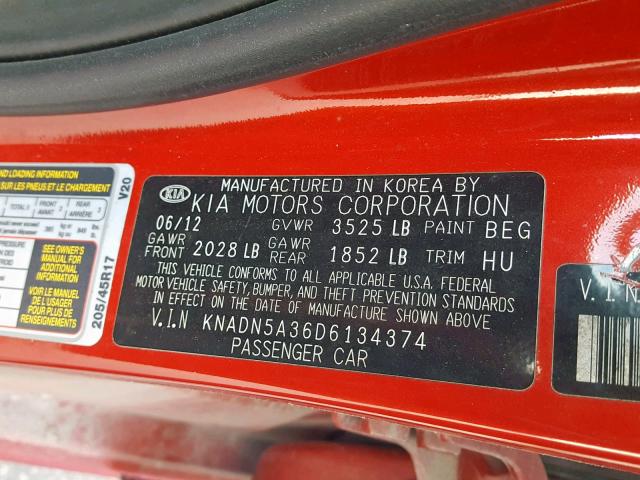 KNADN5A36D6134374 - 2013 KIA RIO EX RED photo 10