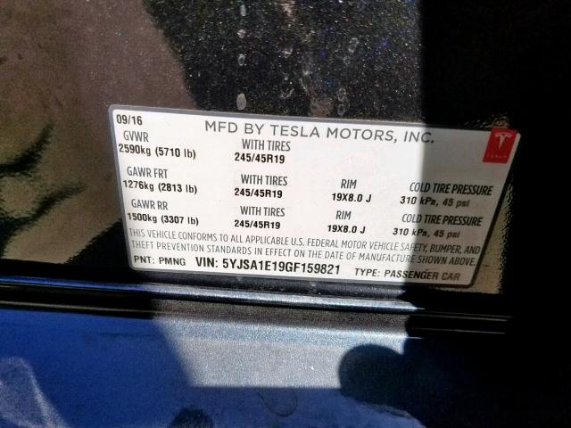 5YJSA1E19GF159821 - 2016 TESLA MODEL S GRAY photo 10