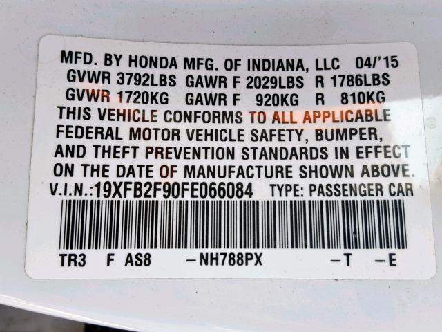 19XFB2F90FE066084 - 2015 HONDA CIVIC EXL 白色 照片 10