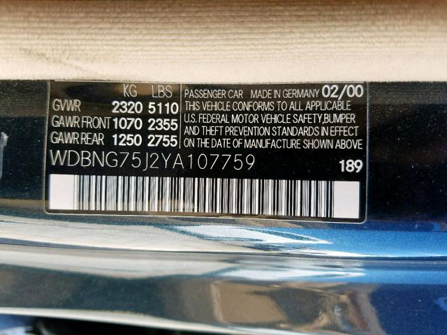 WDBNG75J2YA107759 - 2000 MERCEDES-BENZ S 500 BLUE photo 10