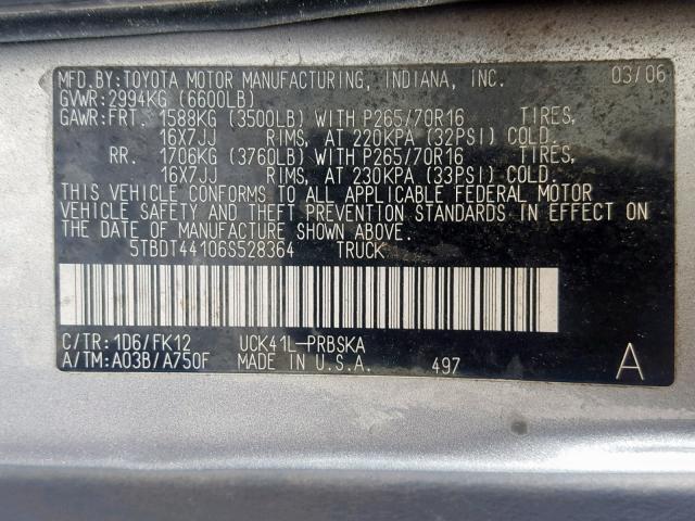 5TBDT44106S528364 - 2006 TOYOTA TUNDRA DOU SILVER photo 10