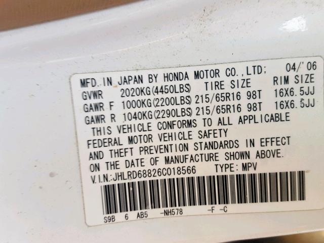 JHLRD68826C018566 - 2006 HONDA CR-V EX WHITE photo 10