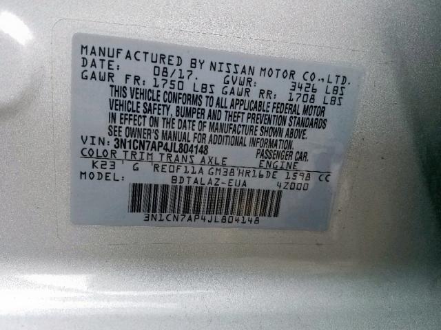 3N1CN7AP4JL804148 - 2018 NISSAN VERSA S SILVER photo 10