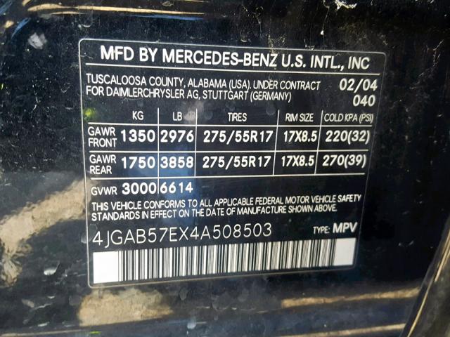 4JGAB57EX4A508503 - 2004 MERCEDES-BENZ ML 350 BLACK photo 10