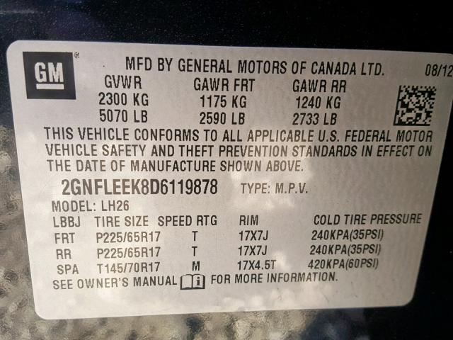 2GNFLEEK8D6119878 - 2013 CHEVROLET EQUINOX LT BLACK photo 10