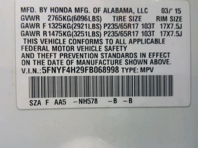 5FNYF4H29FB068998 - 2015 HONDA PILOT LX WHITE photo 10