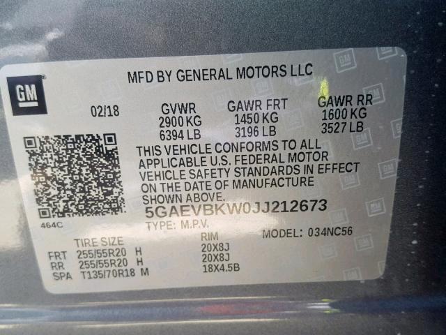 5GAEVBKW0JJ212673 - 2018 BUICK ENCLAVE PR GRAY photo 10